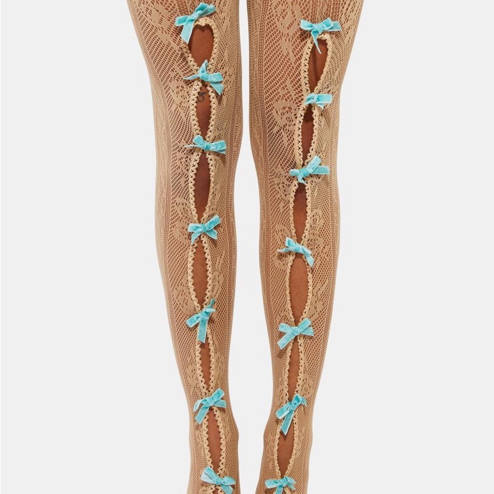 Elegant Tan Lace Tights with Blue Bows